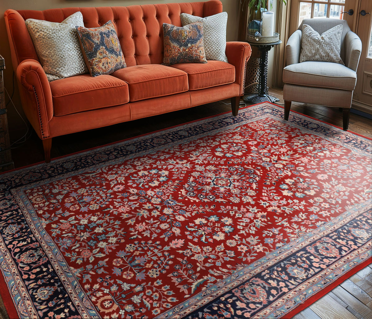 6x9 Red, Navy, Ivory Color Hand Knotted Indo Kashan New Zealand Wool Traditional Oriental Rug