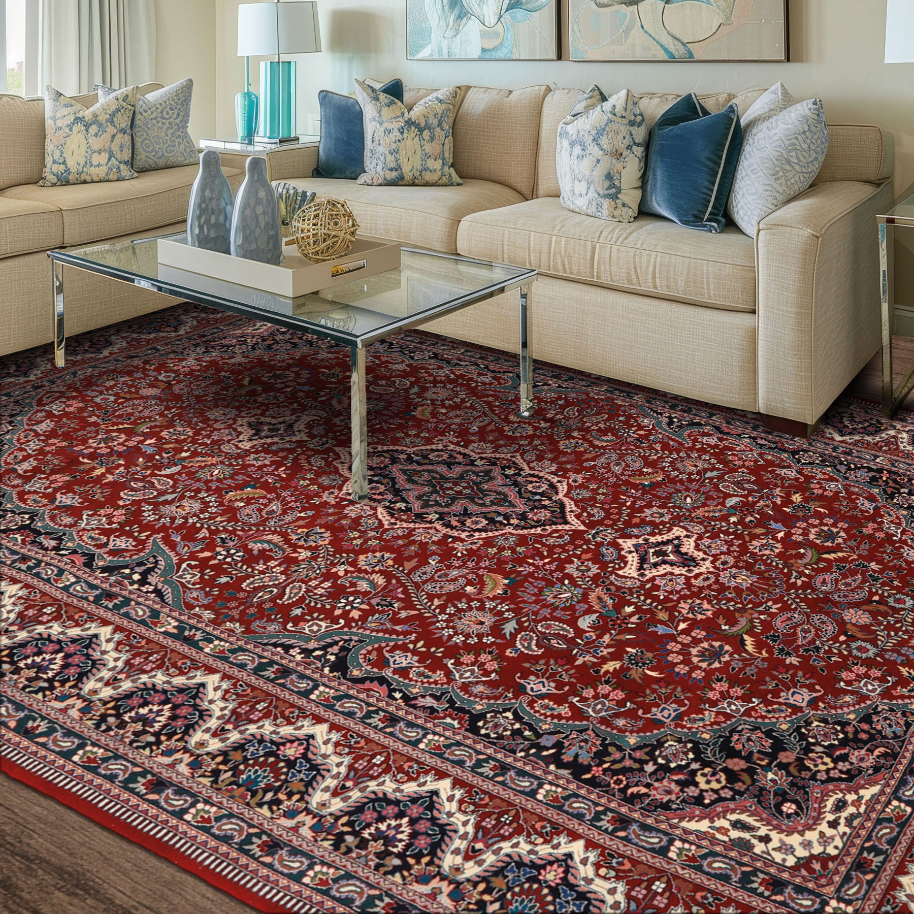 6x9 Red, Ivory, Navy Color Hand Knotted Pak Persian Wool & Silk Traditional Oriental Rug