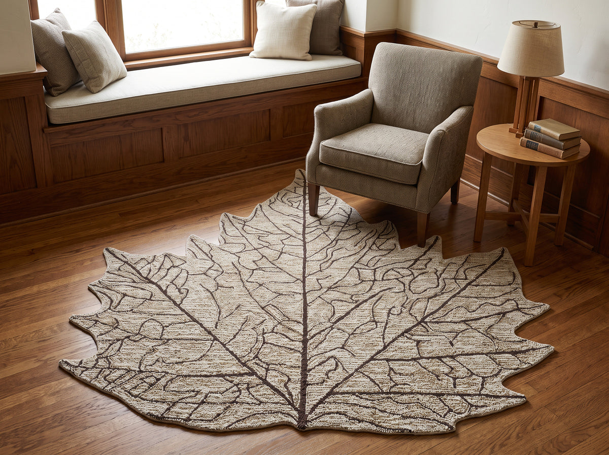 Multi Size Beige Tan Brown Color Hand Hooked Leaf Jute loop Contemporary Oriental Rug