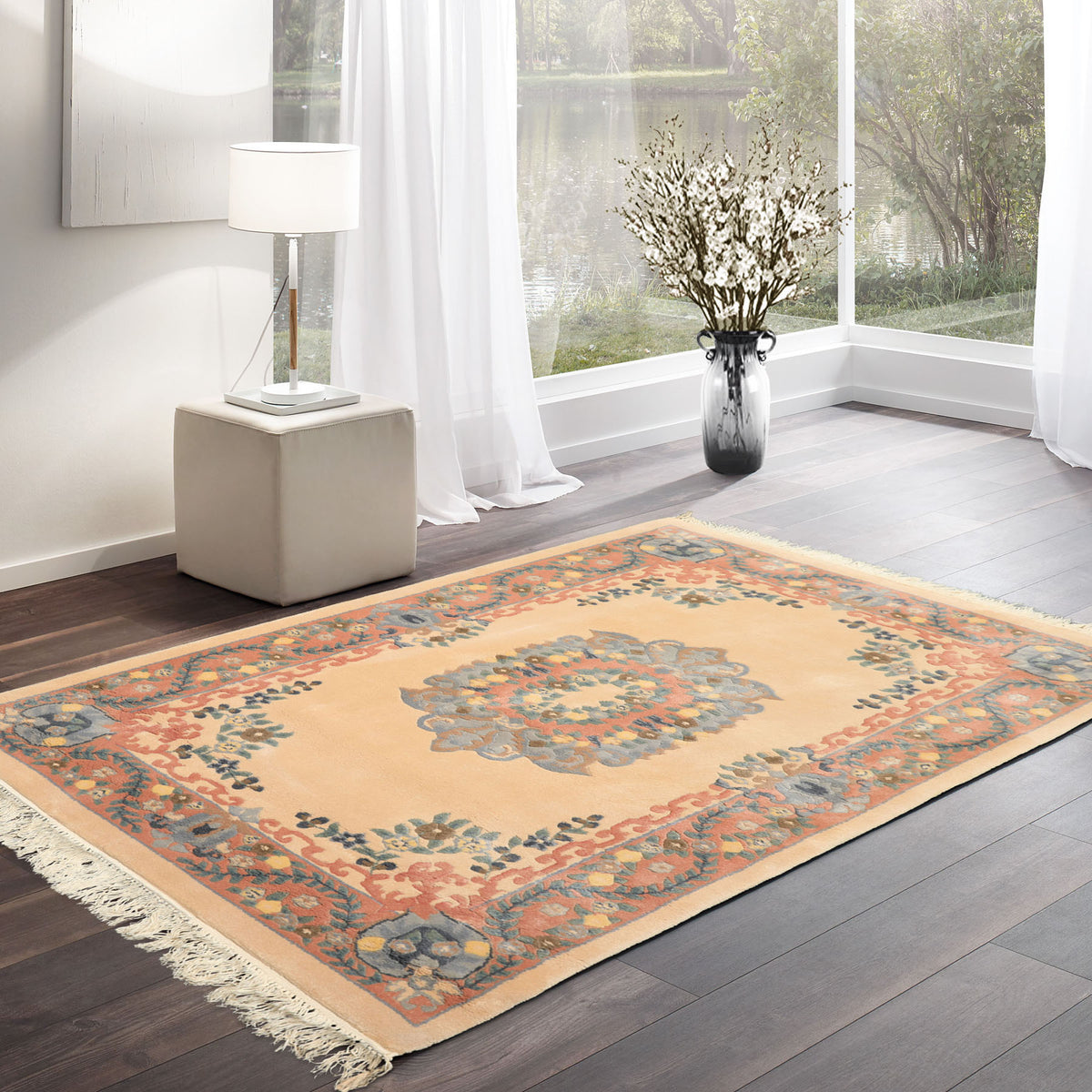 4x6 Peach, Blush, Blue Color Hand Knotted French Aubusson Savonerrie Wool Traditional Oriental Rug