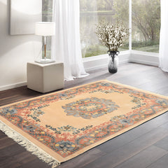 4x6 Peach, Blush, Blue Color Hand Knotted French Aubusson Savonerrie Wool Traditional Oriental Rug