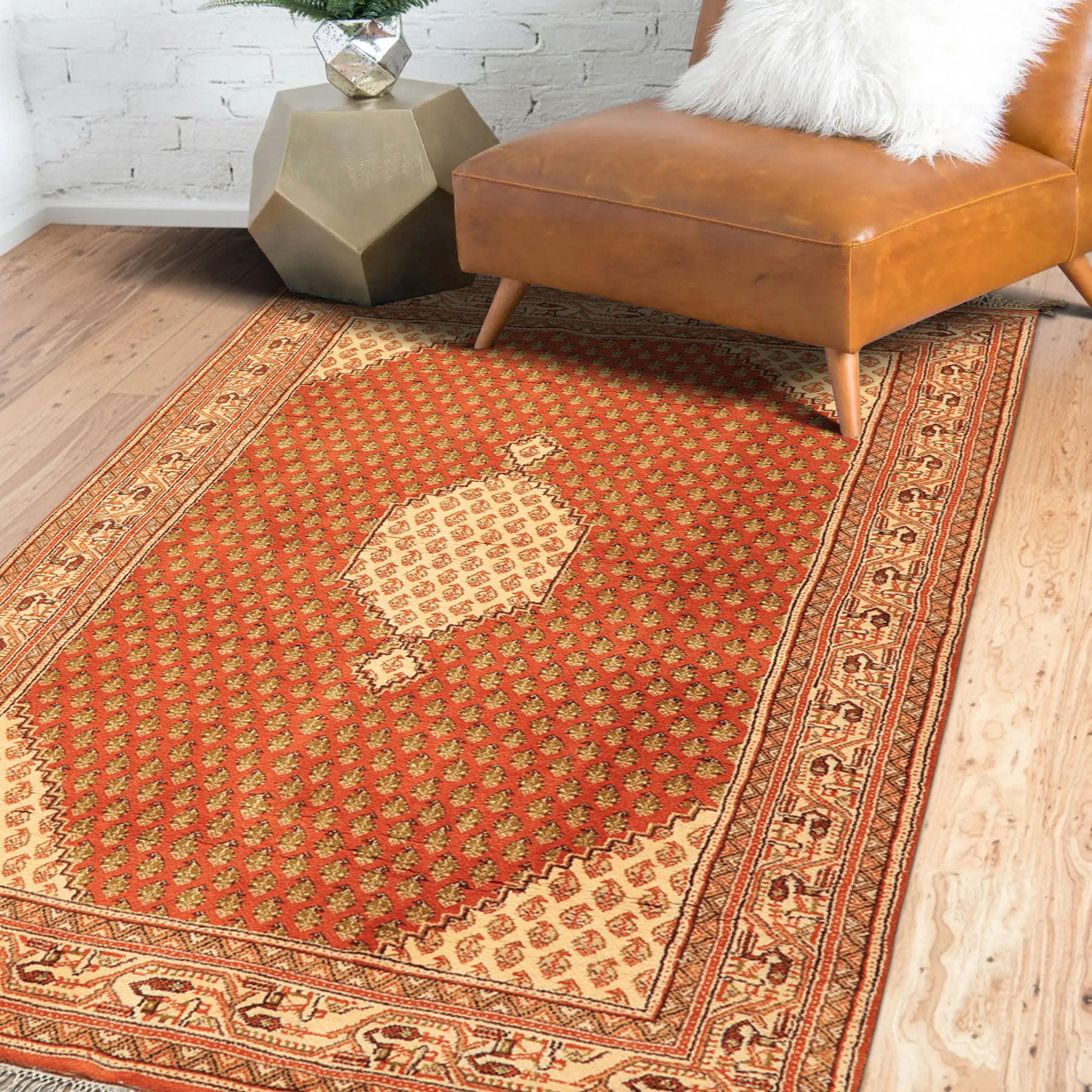 4x6 Burnt Orange, Ivory, Lime Color Hand Knotted Paisley Wool Traditional Oriental Rug