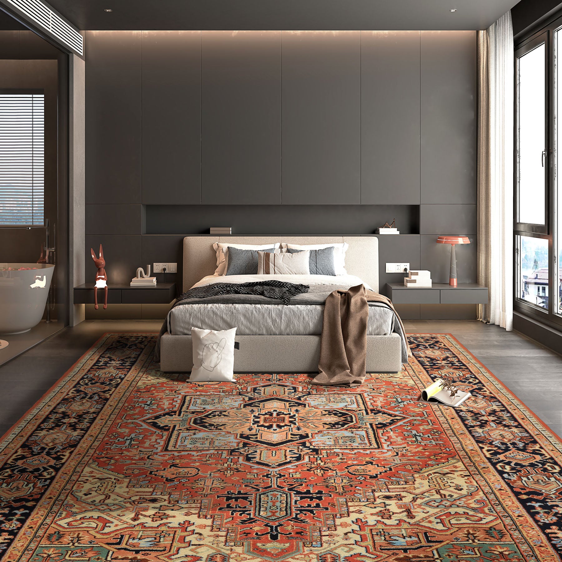 9x12 Burnt Orange, Navy, Ivory Color Hand Knotted Heriz Wool Traditional Oriental Rug