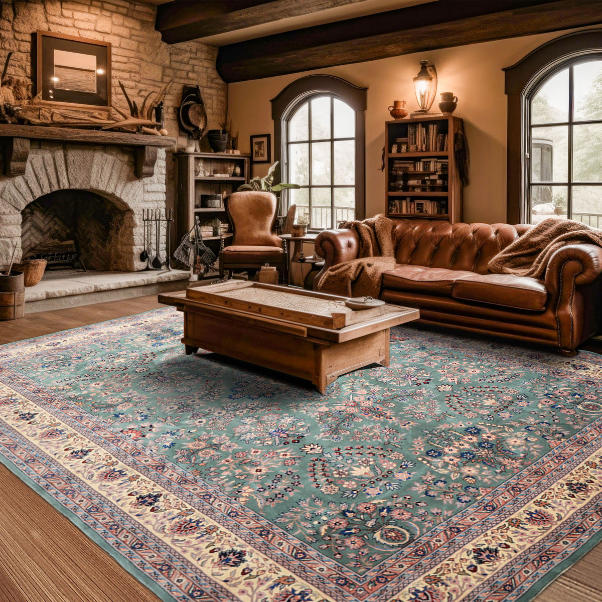 9x12 Turquoise, Ivory, Navy Color Hand Knotted Sarouk Wool Traditional Oriental Rug