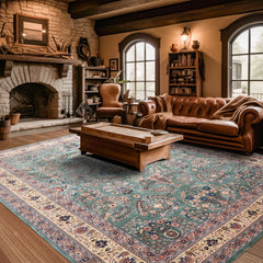 9x12 Turquoise, Ivory, Navy Color Hand Knotted Sarouk Wool Traditional Oriental Rug