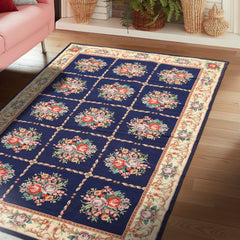 4x6 Navy, Ivory, Green Color Hand Knotted French Aubusson Needlepoint Wool Traditional Oriental Rug