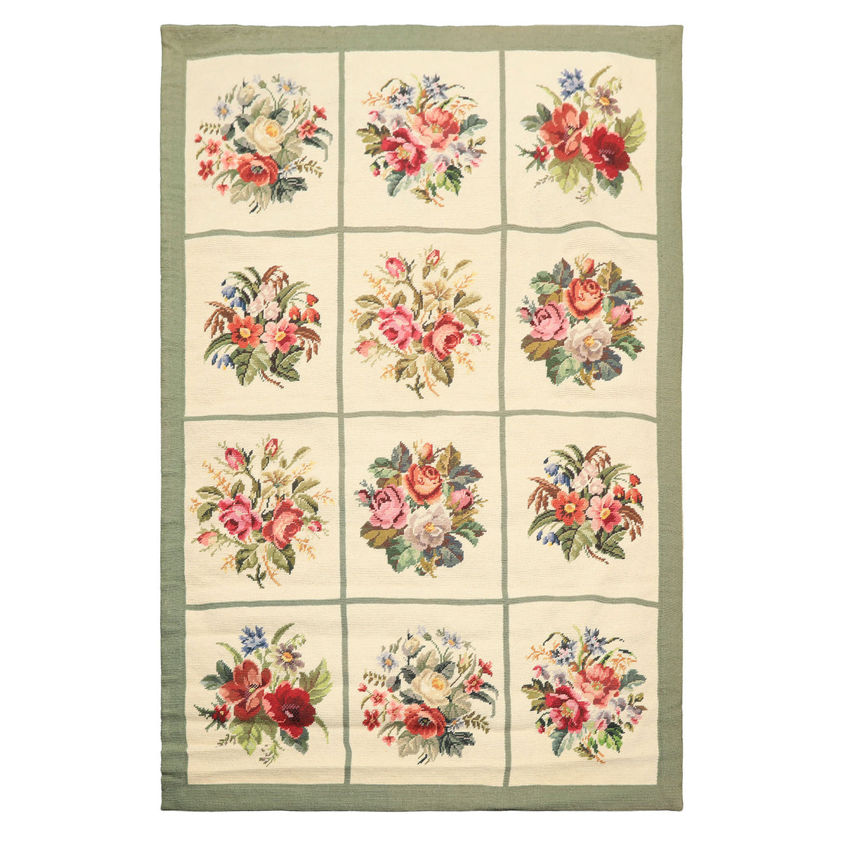 4x6 Ivory, Sage, Red Color Hand Woven Portugese Needlepoint Wool Traditional Oriental Rug