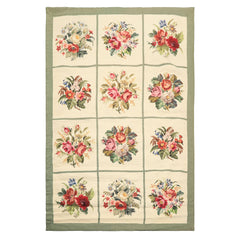 4x6 Ivory, Sage, Red Color Hand Woven Portugese Needlepoint Wool Traditional Oriental Rug