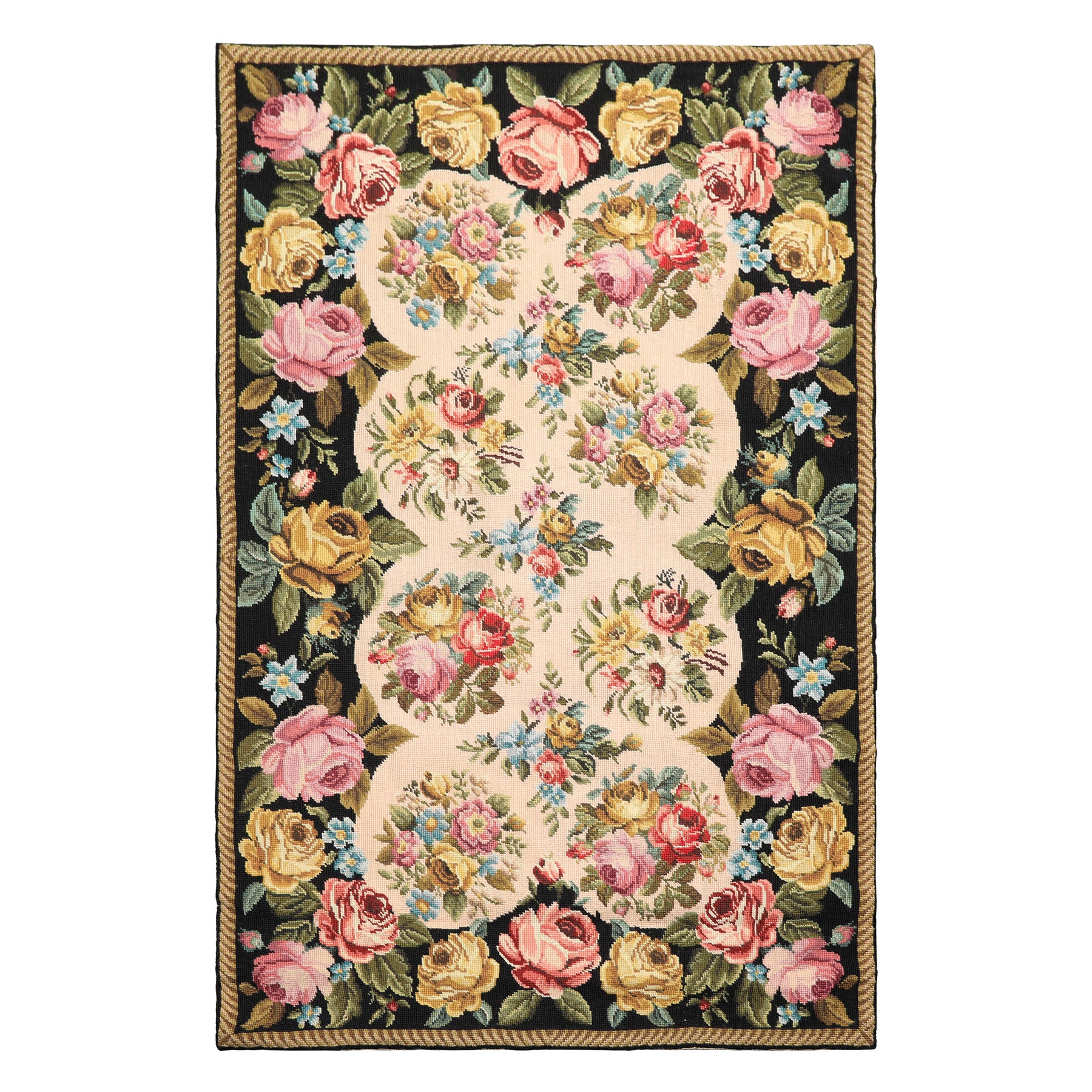 4x6 Blush, Black, Green Color Hand Woven French Needlepoint Wool Traditional Oriental Rug