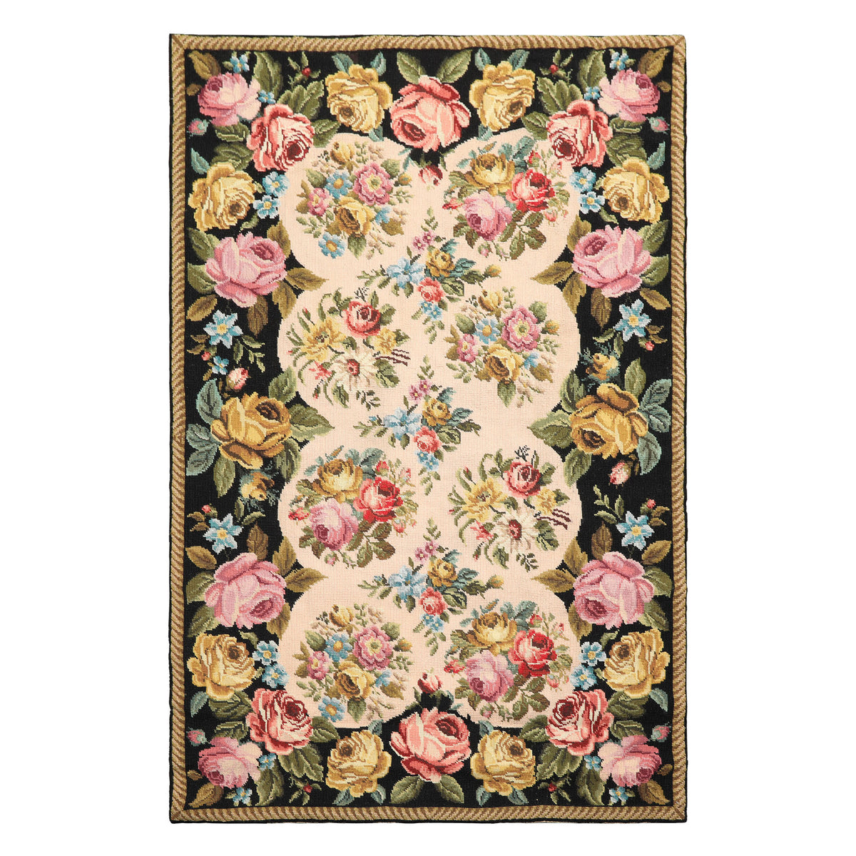 4x6 Blush, Black, Green Color Hand Woven French Needlepoint Wool Traditional Oriental Rug