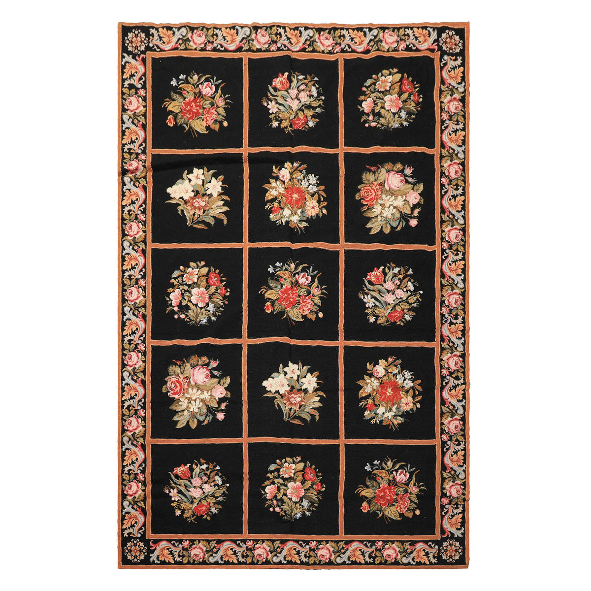 5x8 Black, Brown, Coral Color Hand Woven French Needlepoint Wool Traditional Oriental Rug