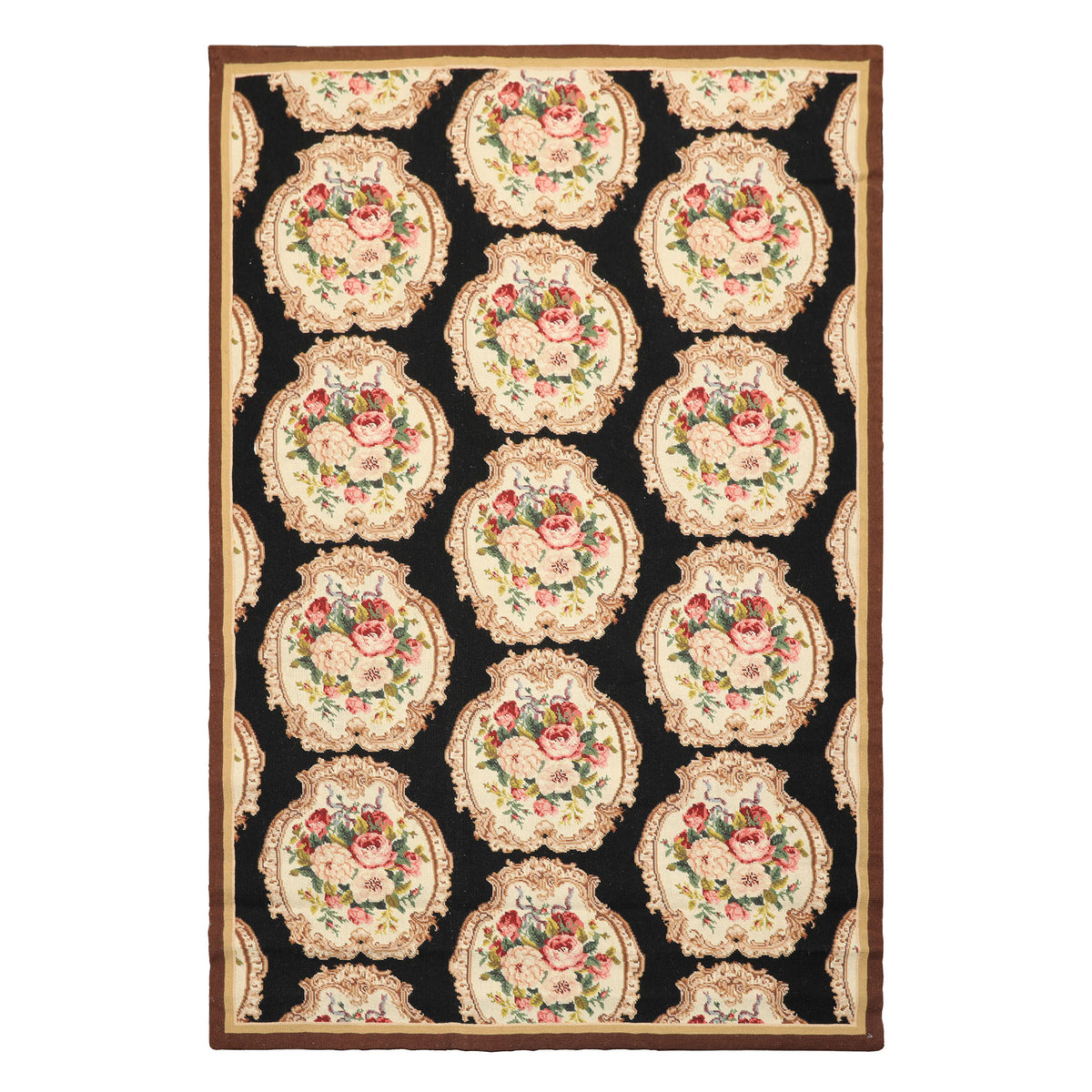 4x6 Black, Ivory, Brown Color Hand Woven French Needlepoint Wool Traditional Oriental Rug