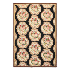 4x6 Black, Ivory, Brown Color Hand Woven French Needlepoint Wool Traditional Oriental Rug