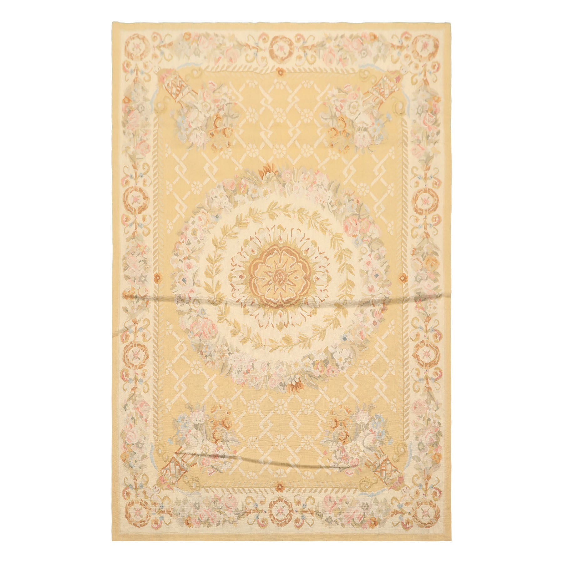 4x6 Khaki, Beige, Blush Color Hand Woven French Aubusson Wool Traditional Oriental Rug