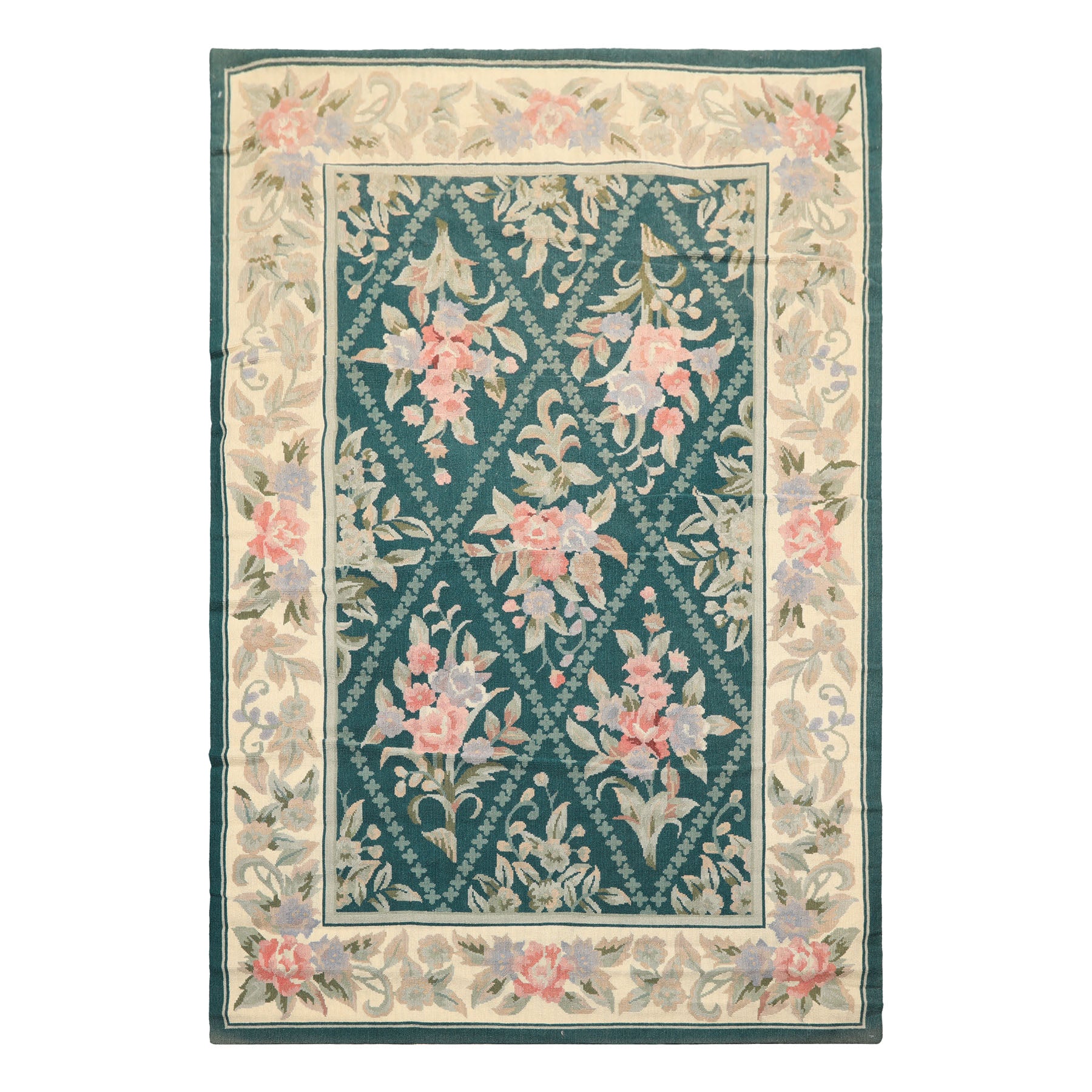 4x6 Teal, Ivory, Blush Color Hand Woven French Needlepoint Wool Traditional Oriental Rug