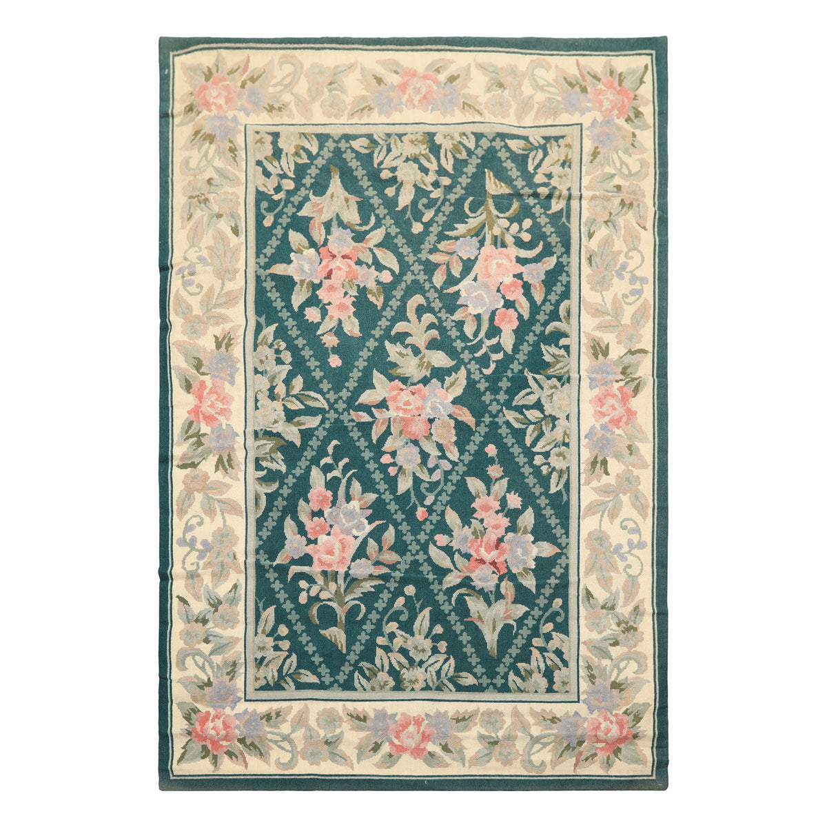 4x6 Teal, Ivory, Blush Color Hand Woven French Needlepoint Wool Traditional Oriental Rug