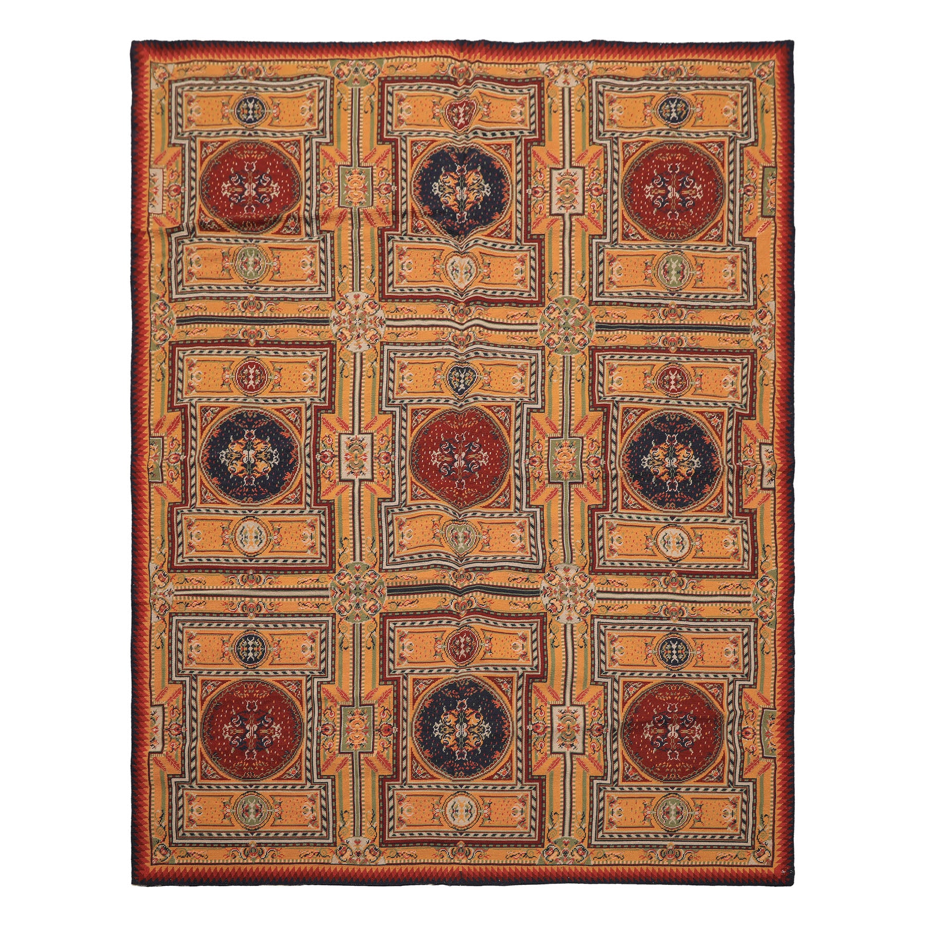 5x8 Gold, Navy, Green Color Hand Woven French Needlepoint Wool Traditional Oriental Rug