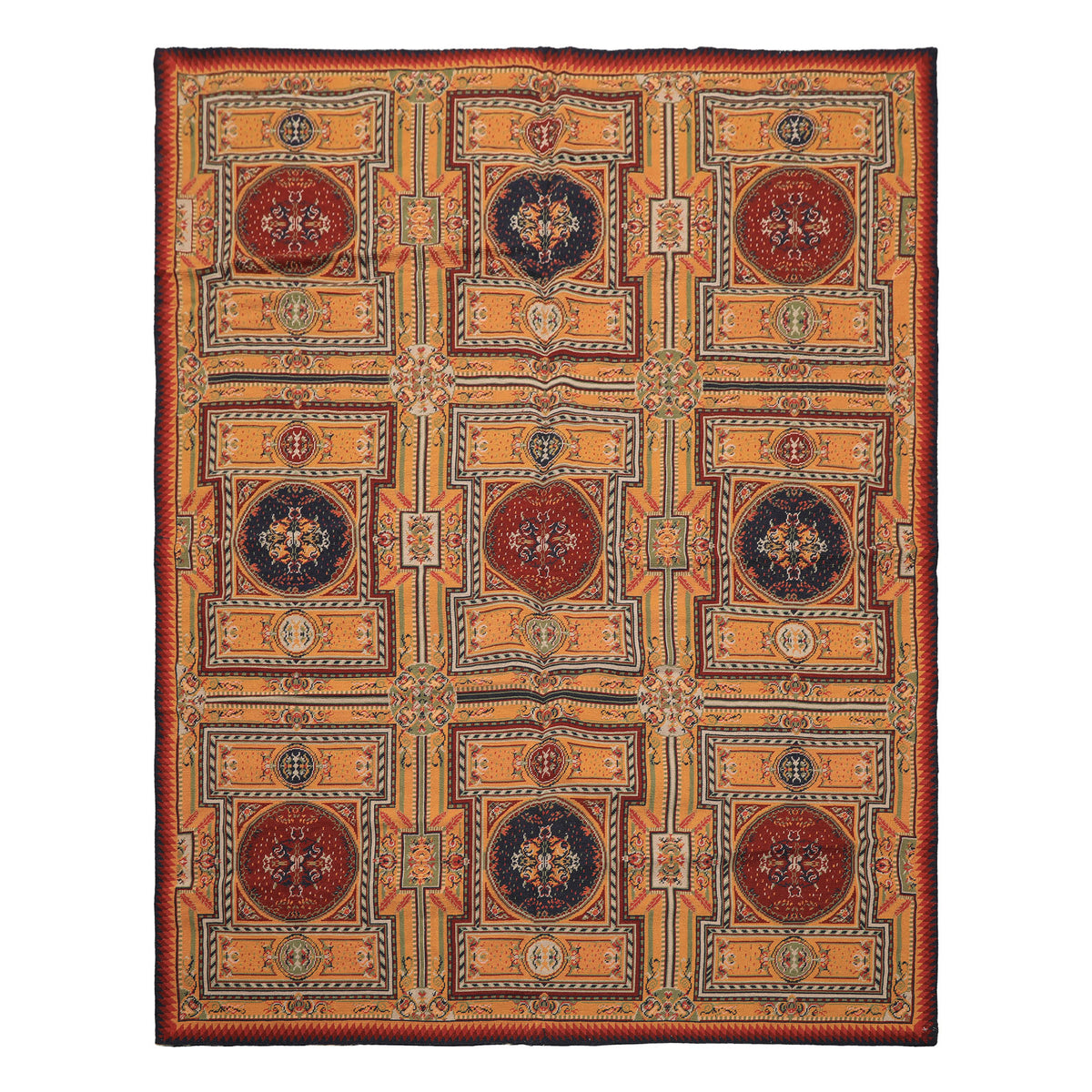 5x8 Gold, Navy, Green Color Hand Woven French Needlepoint Wool Traditional Oriental Rug