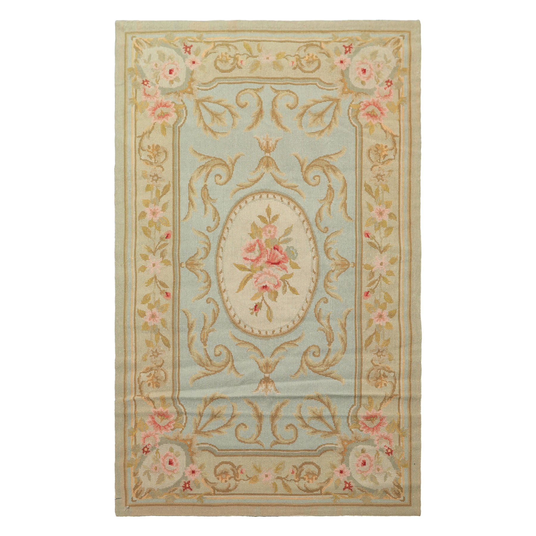 3x5 Aqua, Mint, Gold Color Hand Woven French Needlepoint Wool Traditional Oriental Rug