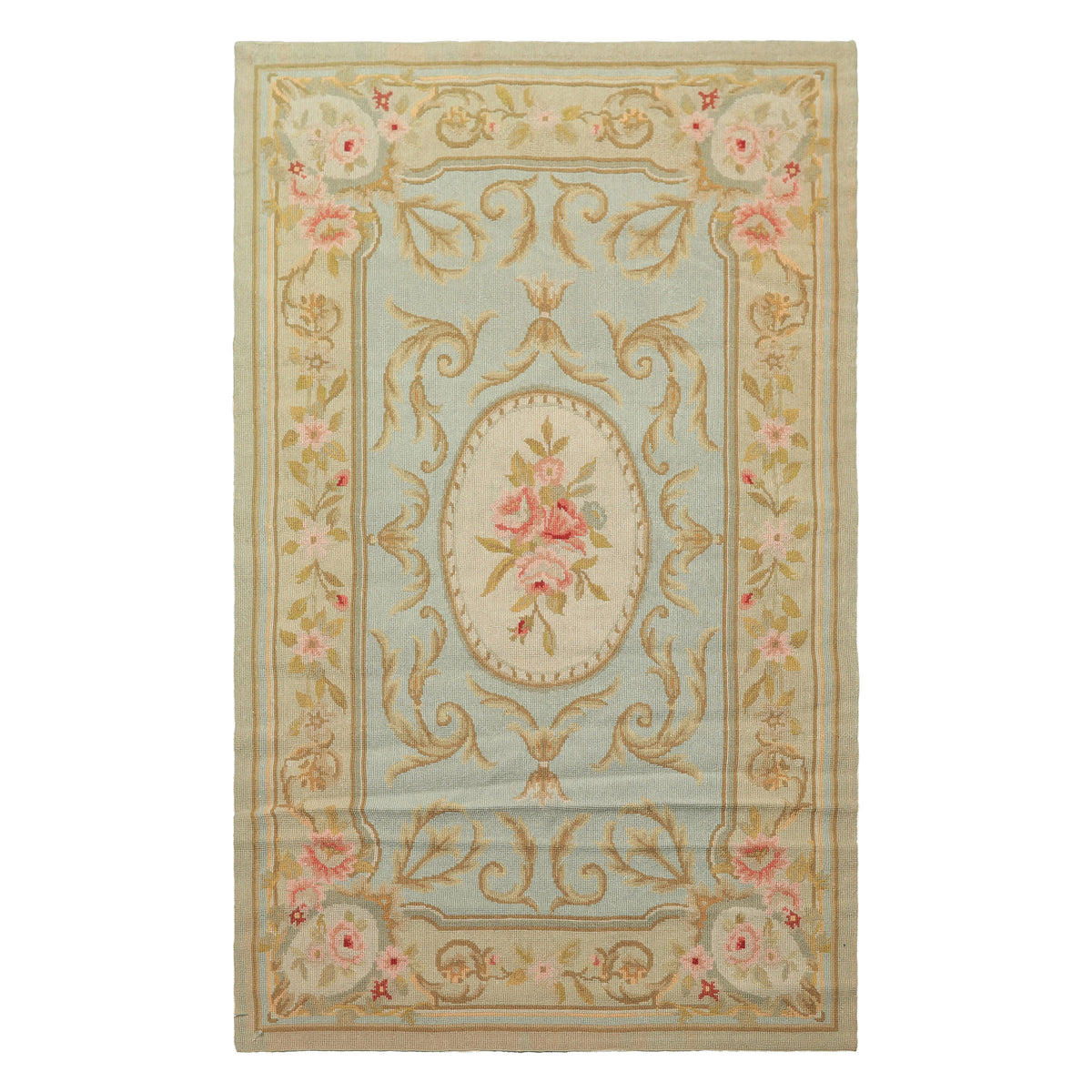 3x5 Aqua, Mint, Gold Color Hand Woven French Needlepoint Wool Traditional Oriental Rug