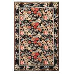 4x6 Black, Ivory, Tan Color Hand Woven French Needlepoint Wool Traditional Oriental Rug