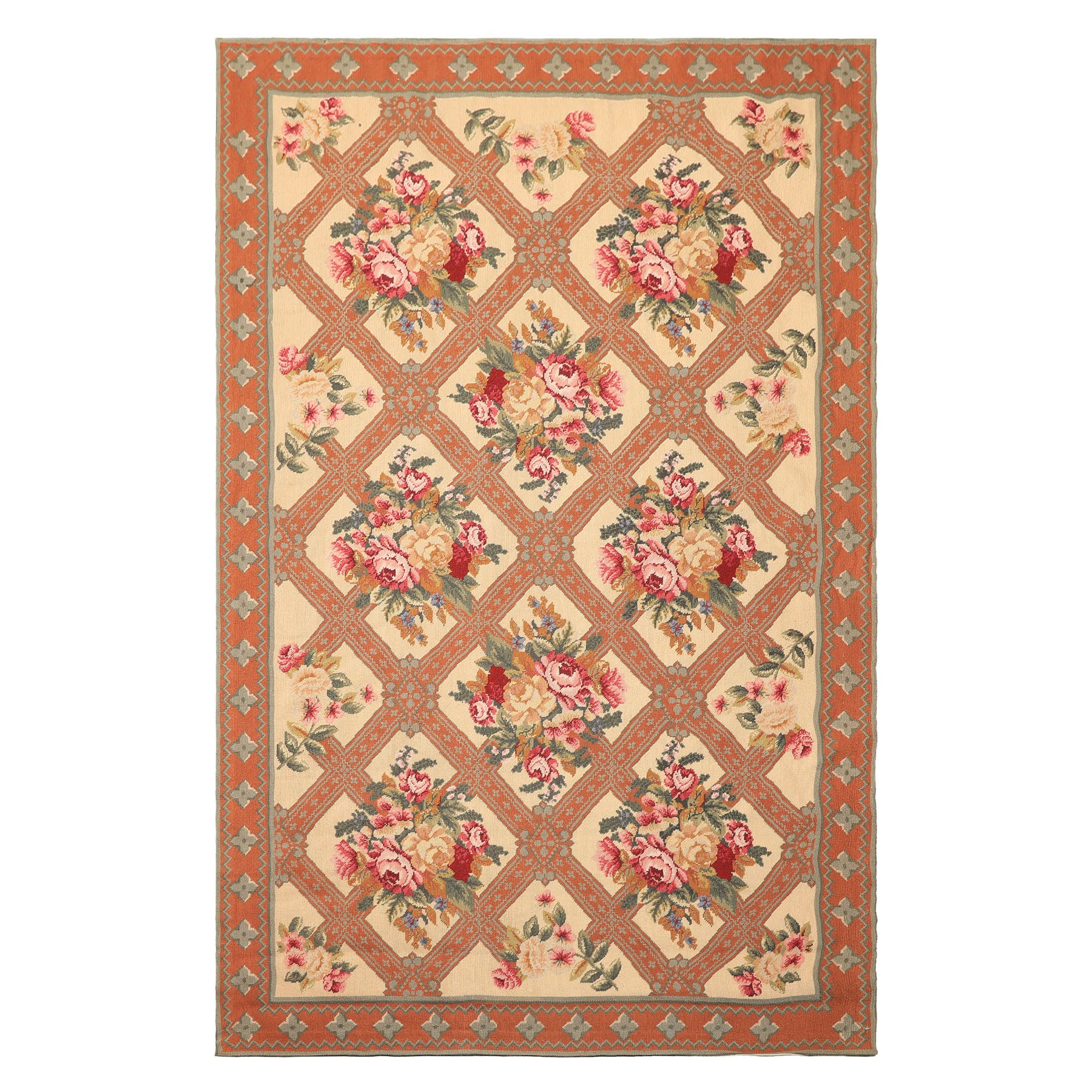 4x7 Light Peach, Burnt Orange, Pink Color Hand Woven French Needlepoint Wool Traditional Oriental Rug