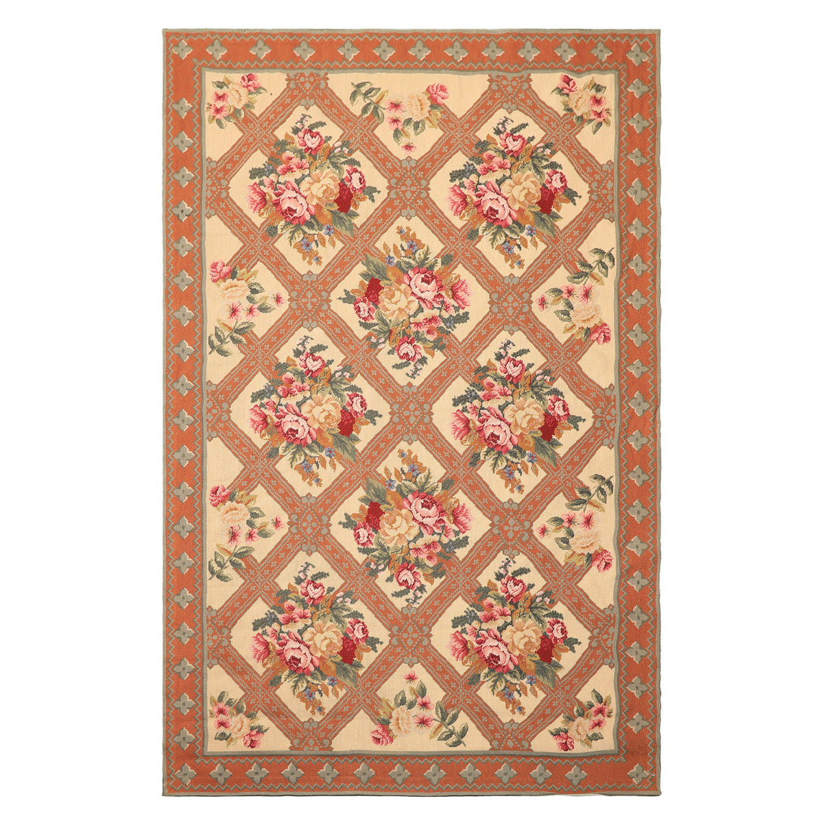 4x7 Light Peach, Burnt Orange, Pink Color Hand Woven French Needlepoint Wool Traditional Oriental Rug