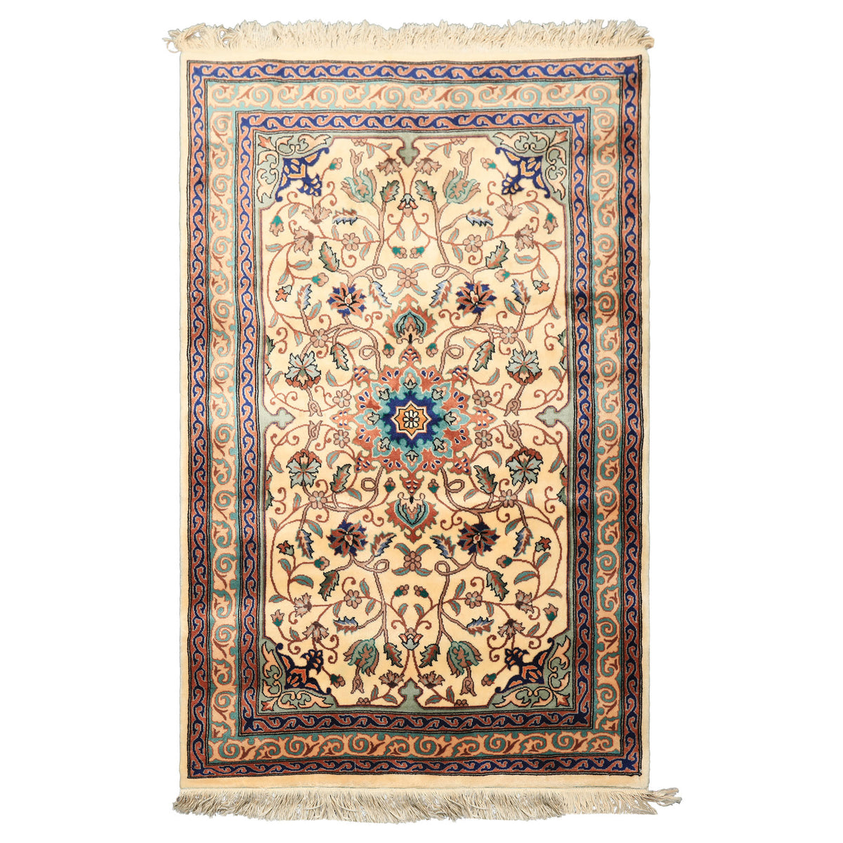 3x5 Ivory, Navy, Turquoise Color Hand Knotted French Aubusson Savonerrie Wool Traditional Oriental Rug
