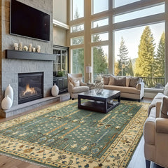 10x14 Celadon, Ivory, Brown Color Hand Knotted Oushak Wool Traditional Oriental Rug