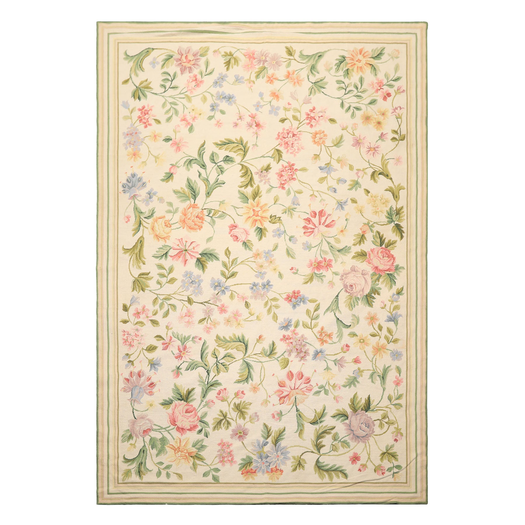 6x9 Ivory, Lime, Blue Color Hand Woven French Needlepoint Aubusson Wool Traditional Oriental Rug