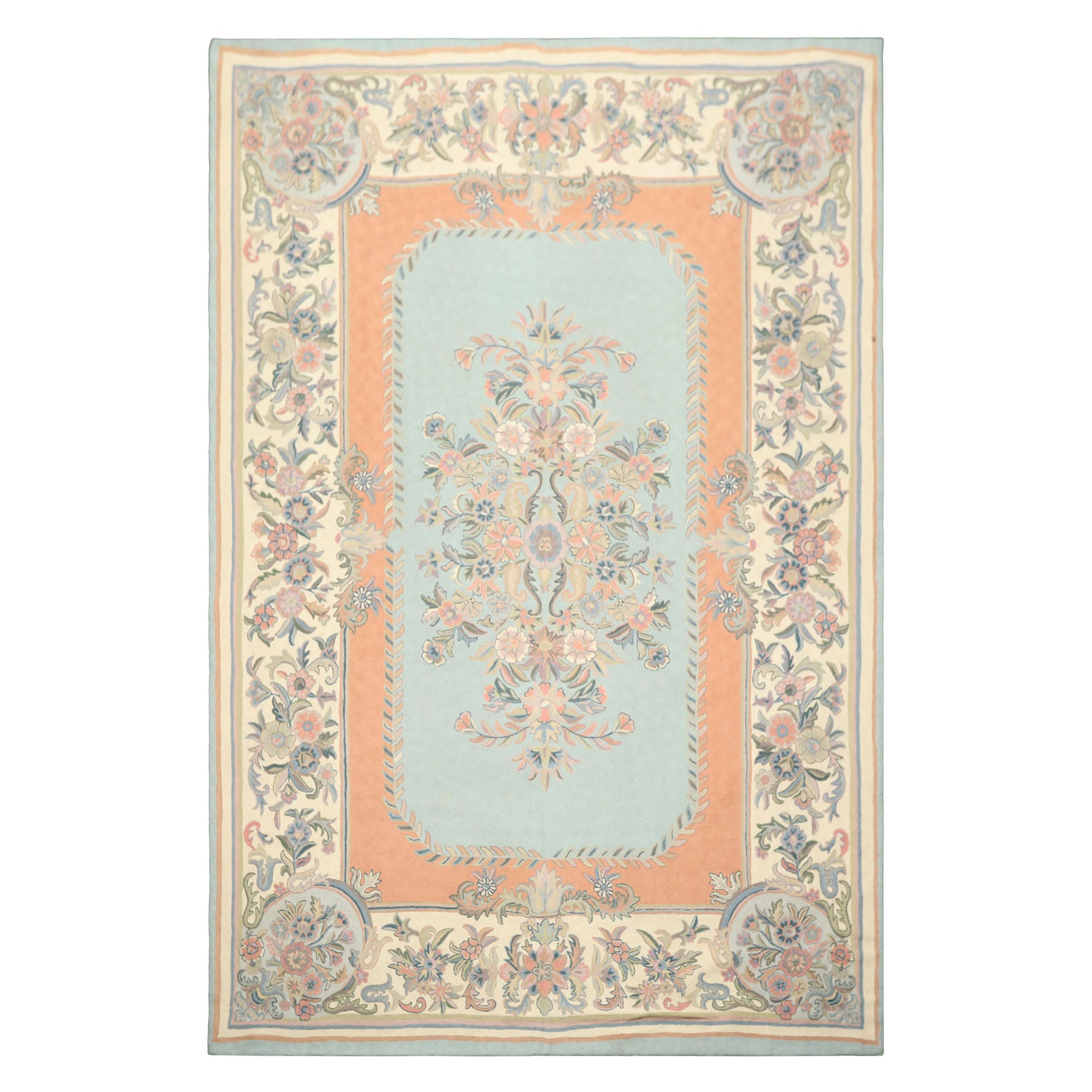 6x9 Aqua, Blush, Ivory Color Hand Woven Chainstitch Wool Traditional Oriental Rug