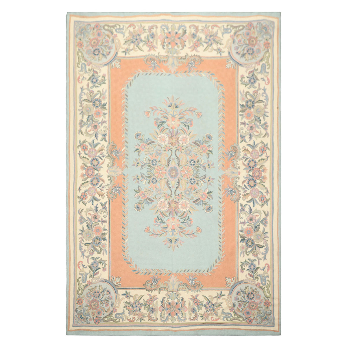 6x9 Aqua, Blush, Ivory Color Hand Woven Chainstitch Wool Traditional Oriental Rug