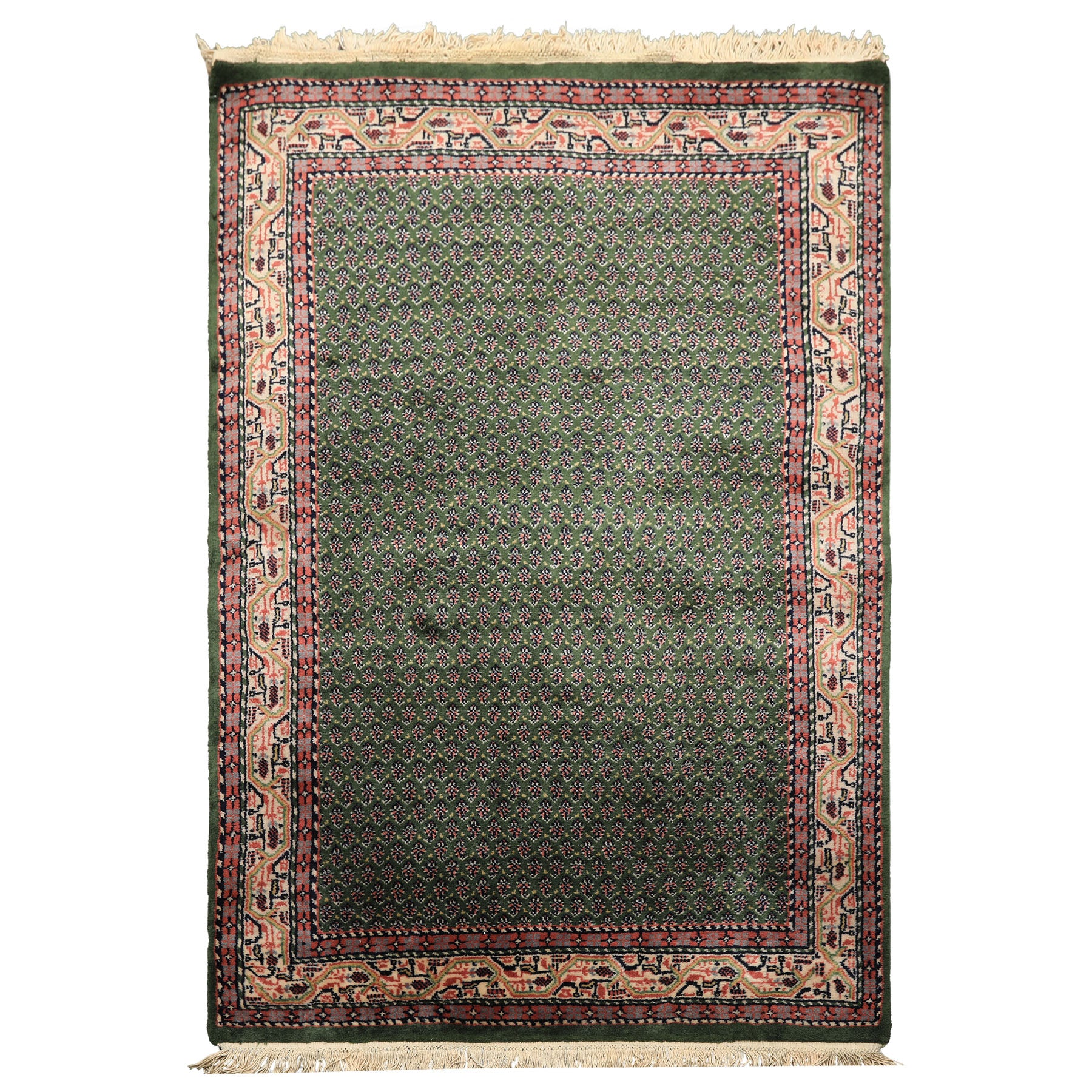 4x6 Green, Ivory, Blue Color Hand Knotted Boteh Wool Traditional Oriental Rug