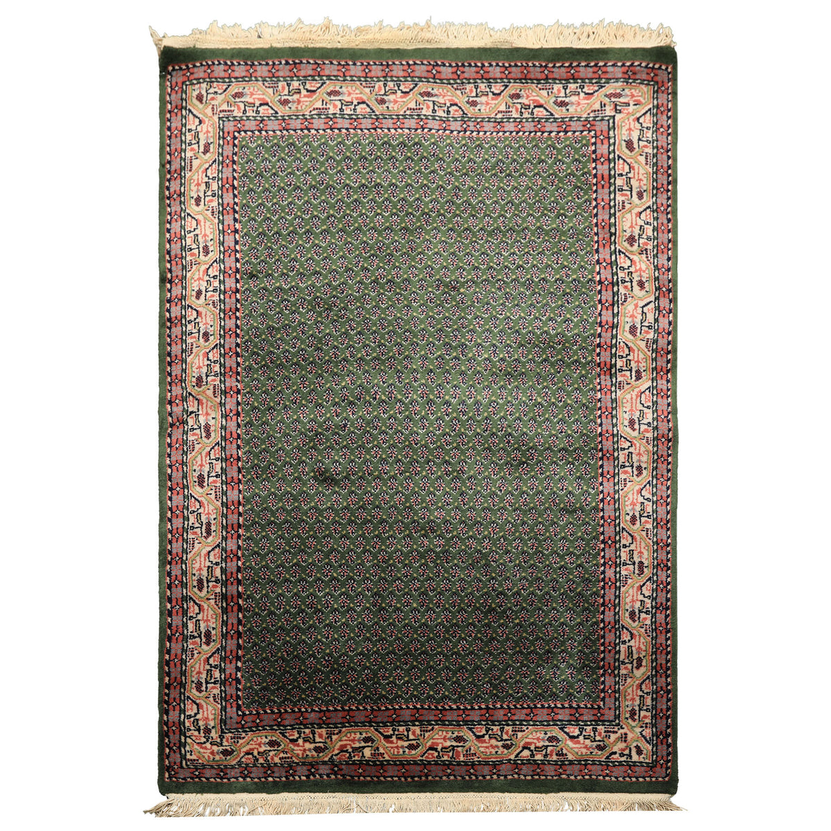 4x6 Green, Ivory, Blue Color Hand Knotted Boteh Wool Traditional Oriental Rug