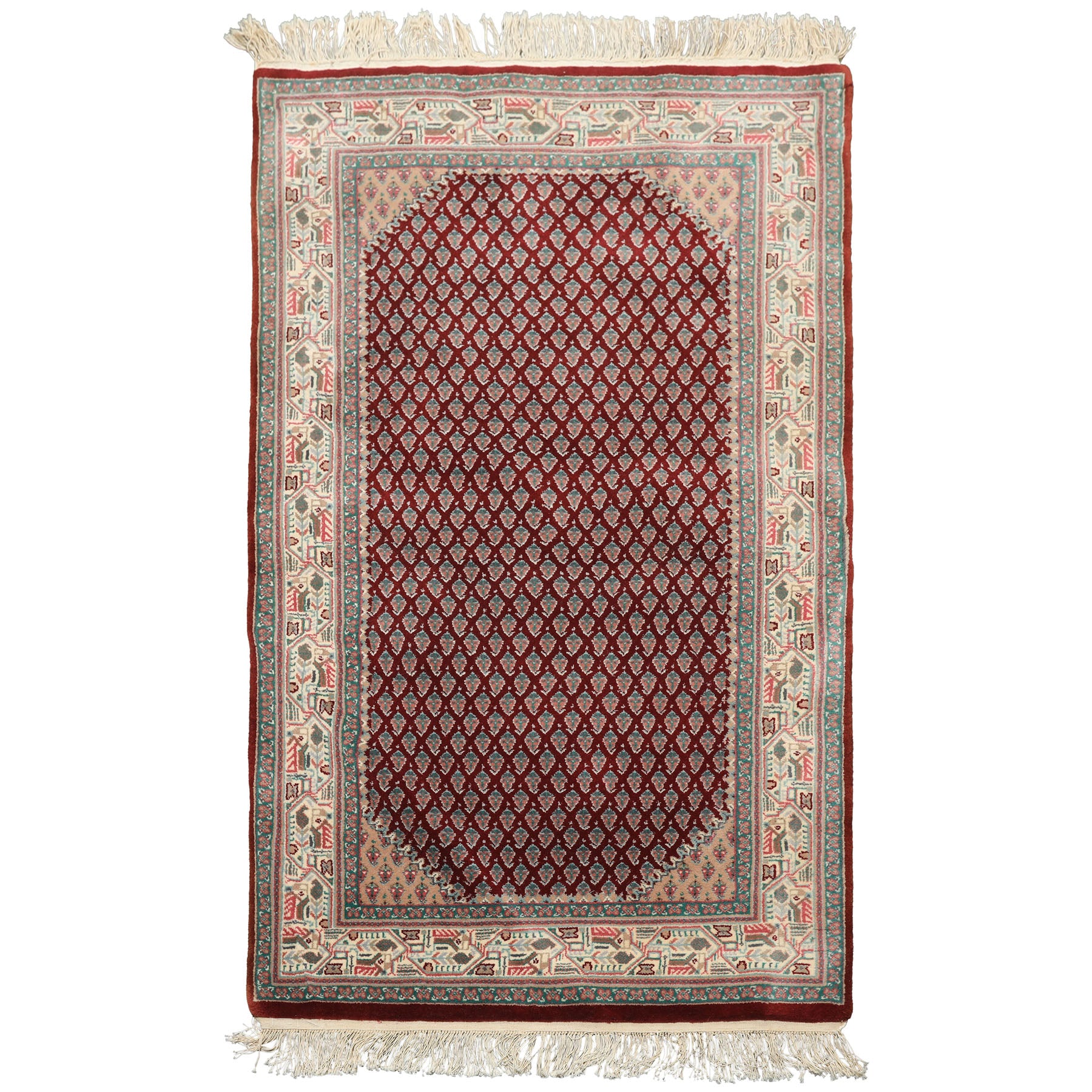3x5 Maroon, Ivory, Aqua Color Hand Knotted Boteh Wool Traditional Oriental Rug