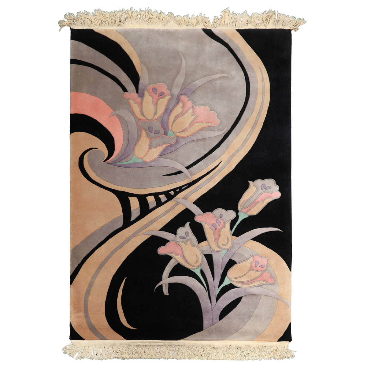 4x6 Black, Beige, Lavender Color Hand Knotted Chinese Art Deco Wool Transitional Oriental Rug