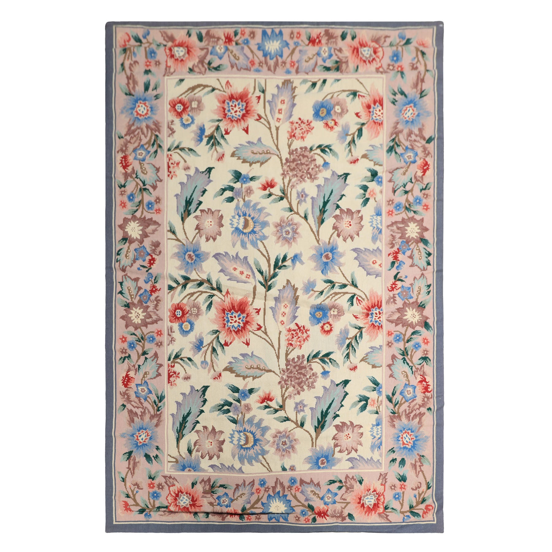4x6 Ivory, Blush, Blue Color Hand Knotted French Needlepoint Aubusson Wool Traditional Oriental Rug