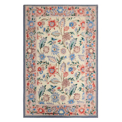 4x6 Ivory, Blush, Blue Color Hand Knotted French Needlepoint Aubusson Wool Traditional Oriental Rug