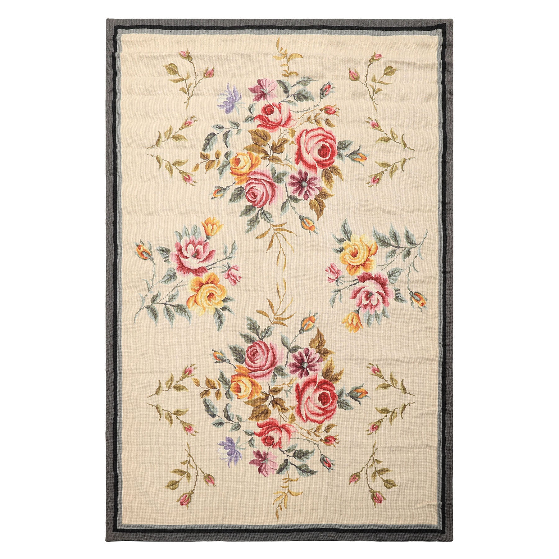 4x6 Ivory, Gray, Black Color Hand Knotted French Needlepoint Aubusson Wool Traditional Oriental Rug