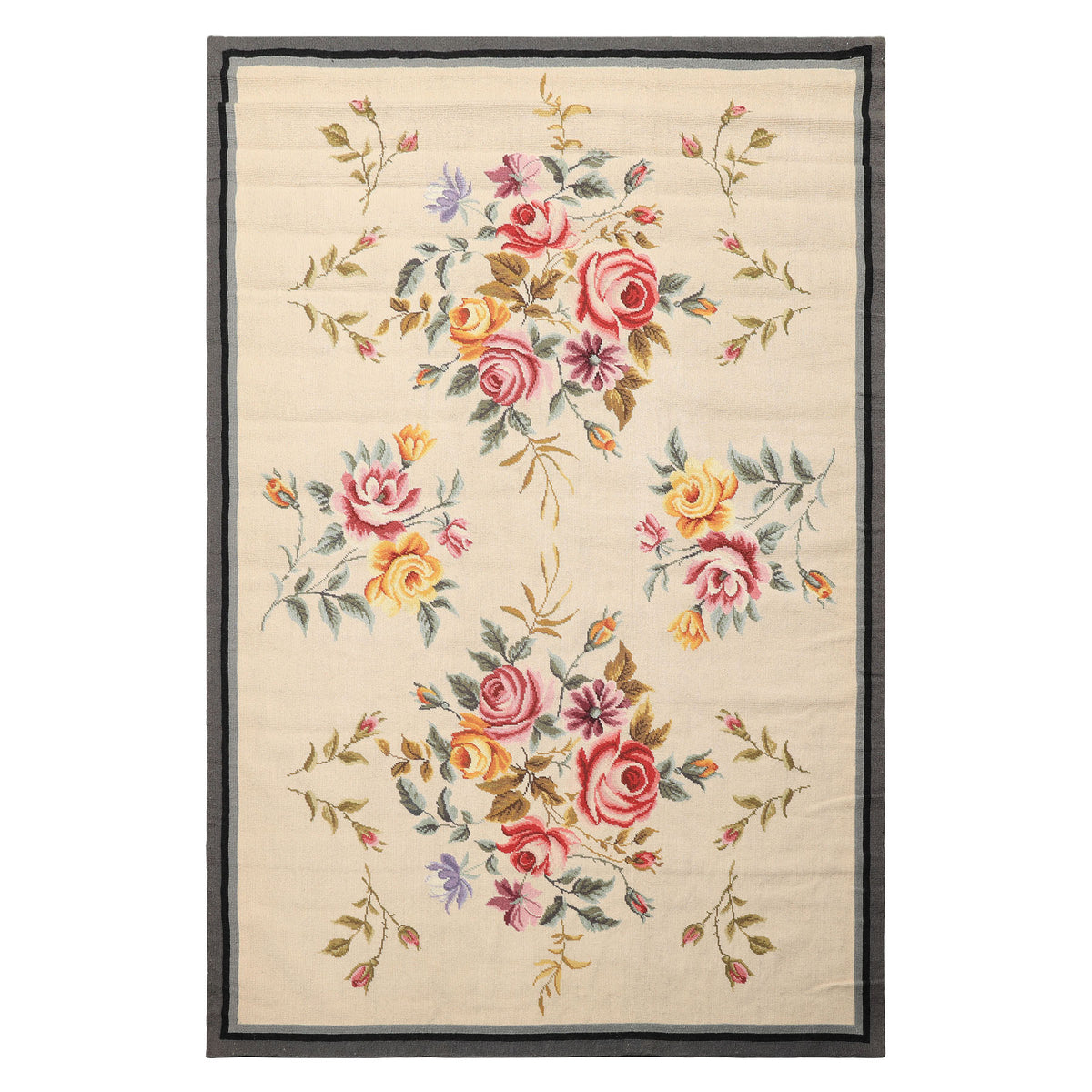 4x6 Ivory, Gray, Black Color Hand Knotted French Needlepoint Aubusson Wool Traditional Oriental Rug