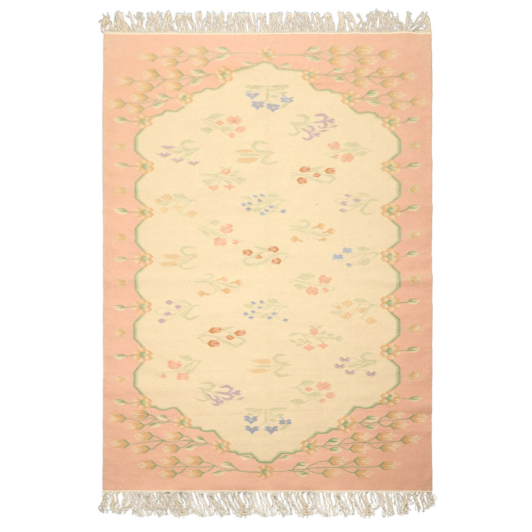 6x9 Ivory, Blush, Green Color Hand Woven Dhurry Kilim Wool Transitional Oriental Rug