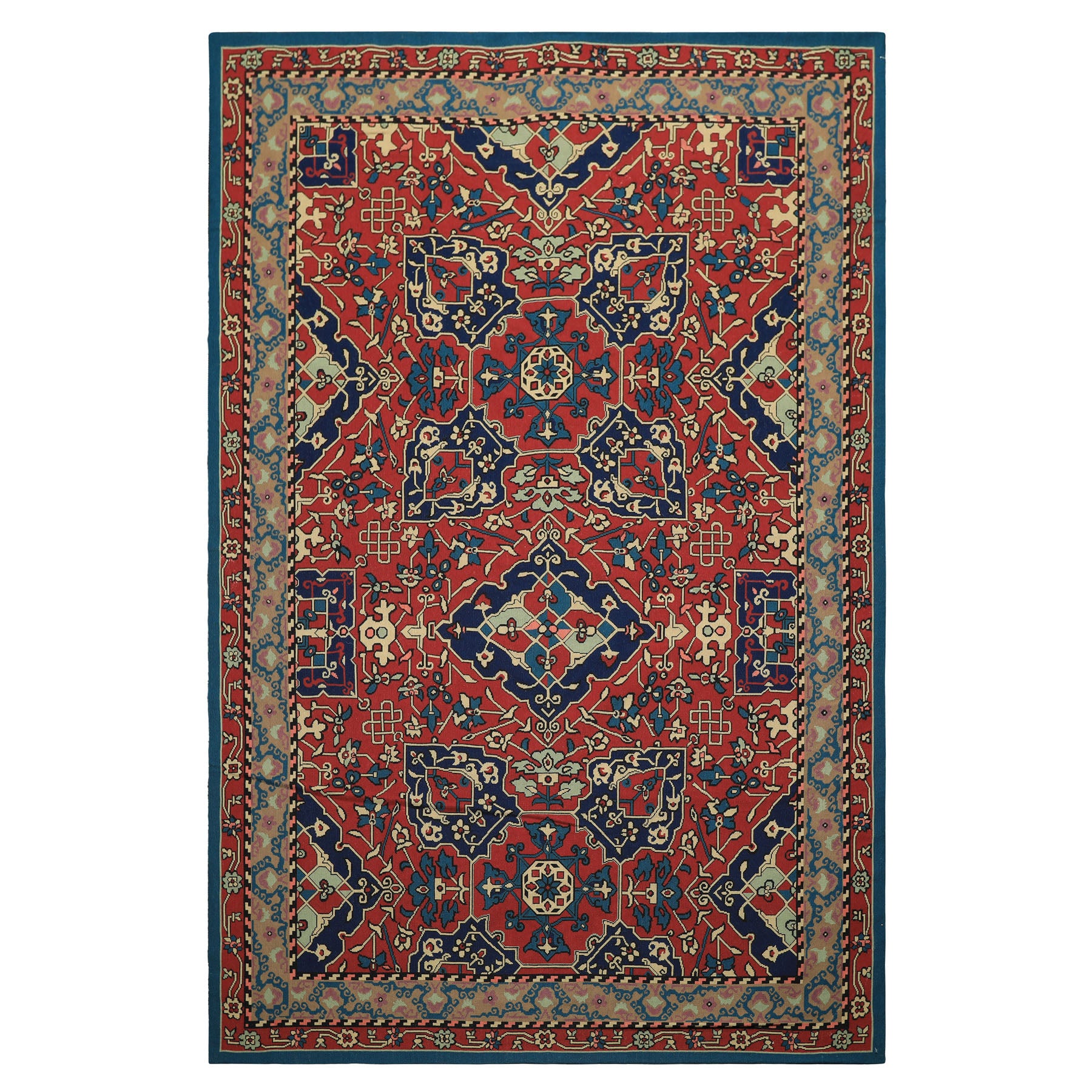 6x9 Rusty Red, Aqua, Navy Color Hand Woven French Aubusson Needlepoint Wool Traditional Oriental Rug
