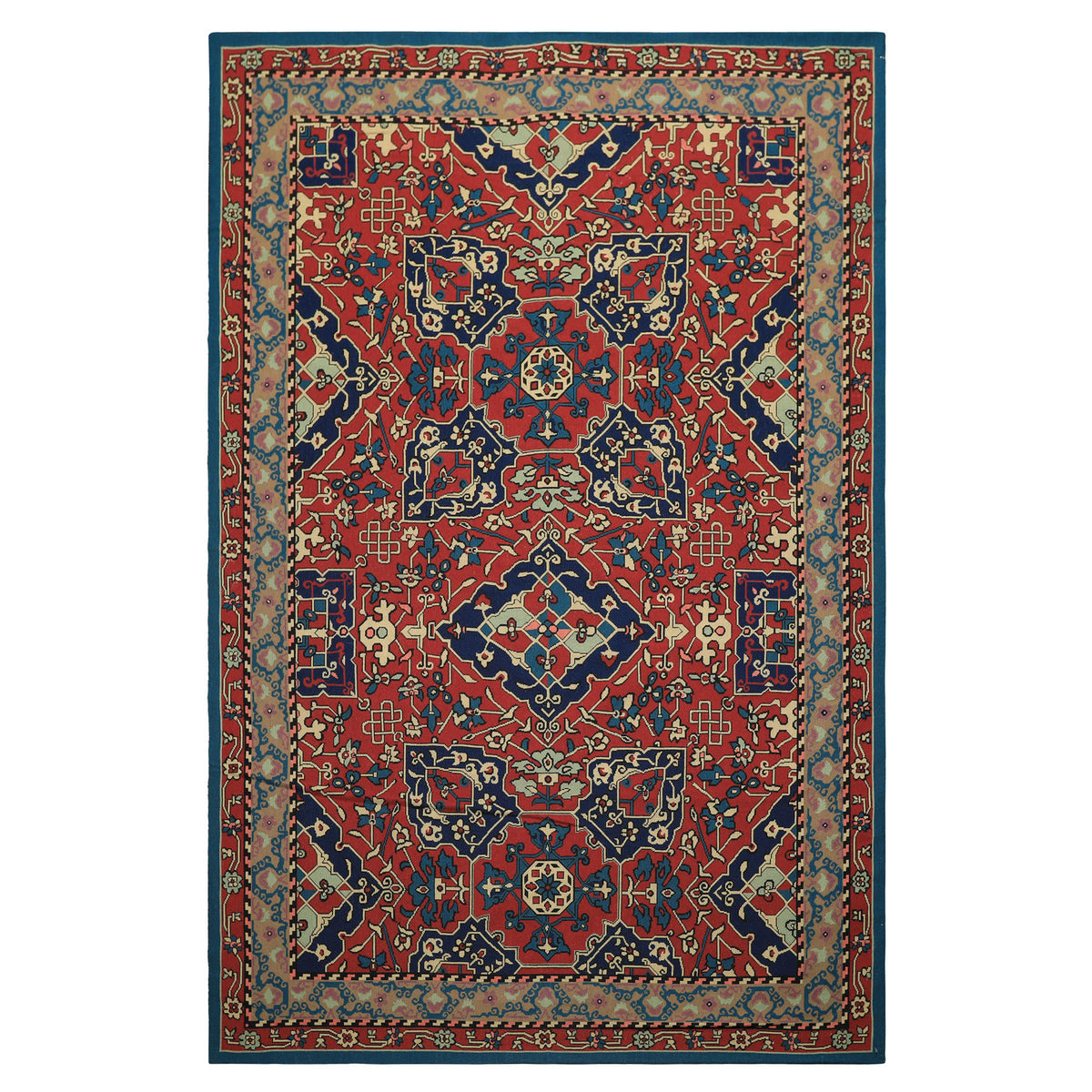 6x9 Rusty Red, Aqua, Navy Color Hand Woven French Aubusson Needlepoint Wool Traditional Oriental Rug