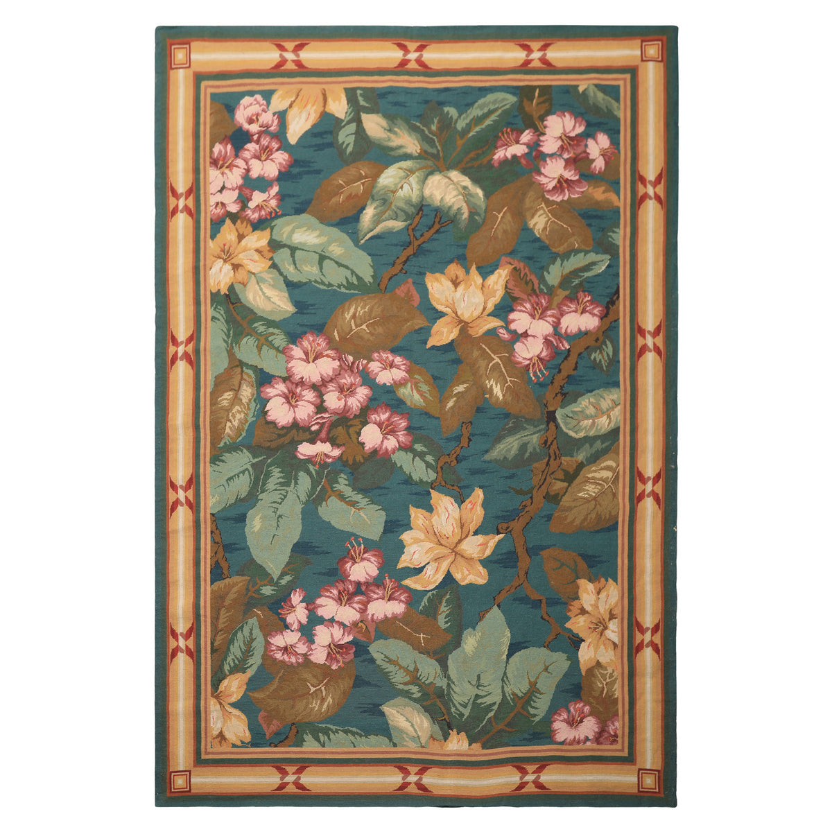 6x9 Teal, Gold, Brown Color Hand Woven French Aubusson Needlepoint Wool Traditional Oriental Rug