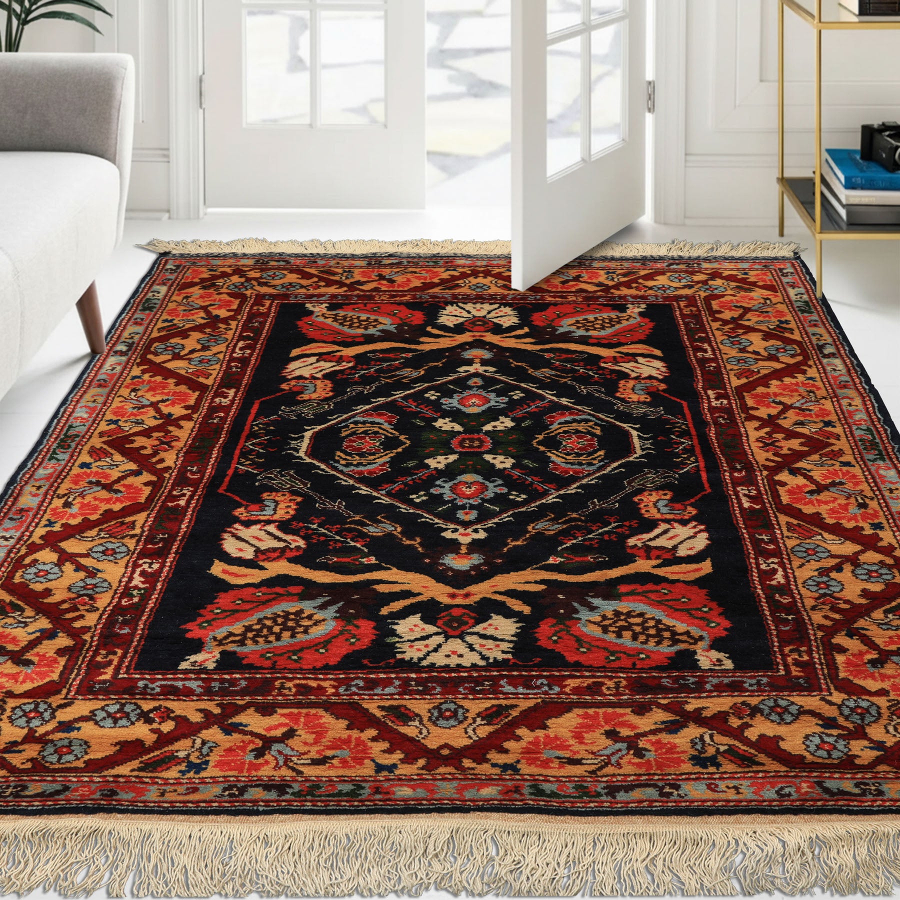4x6 Navy, Gold, Burgundy Color Hand Knotted Turkish Oushak Wool Arts & Crafts Oriental Rug