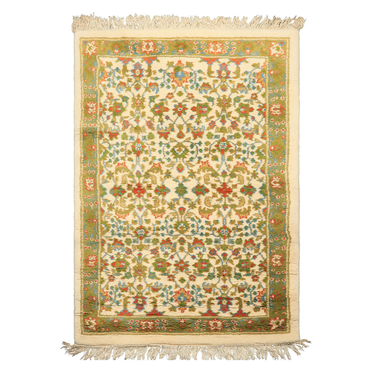 4x6 Ivory, Lime, Turquoise Color Hand Knotted Indo Kashan Wool Traditional Oriental Rug