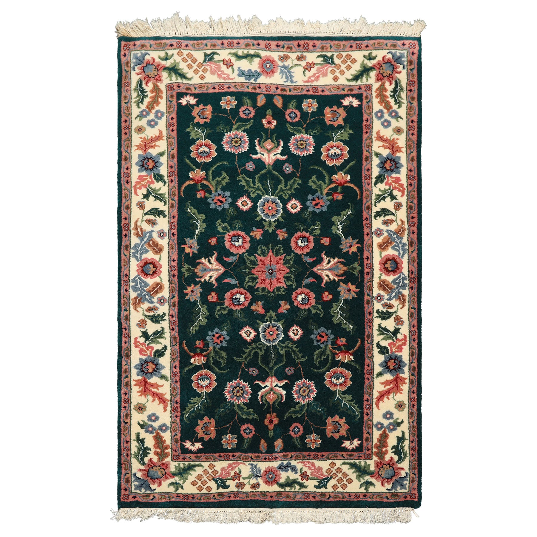 3x5 Emerald, Ivory, Blush Color Hand Knotted Indo Kashan Wool Traditional Oriental Rug