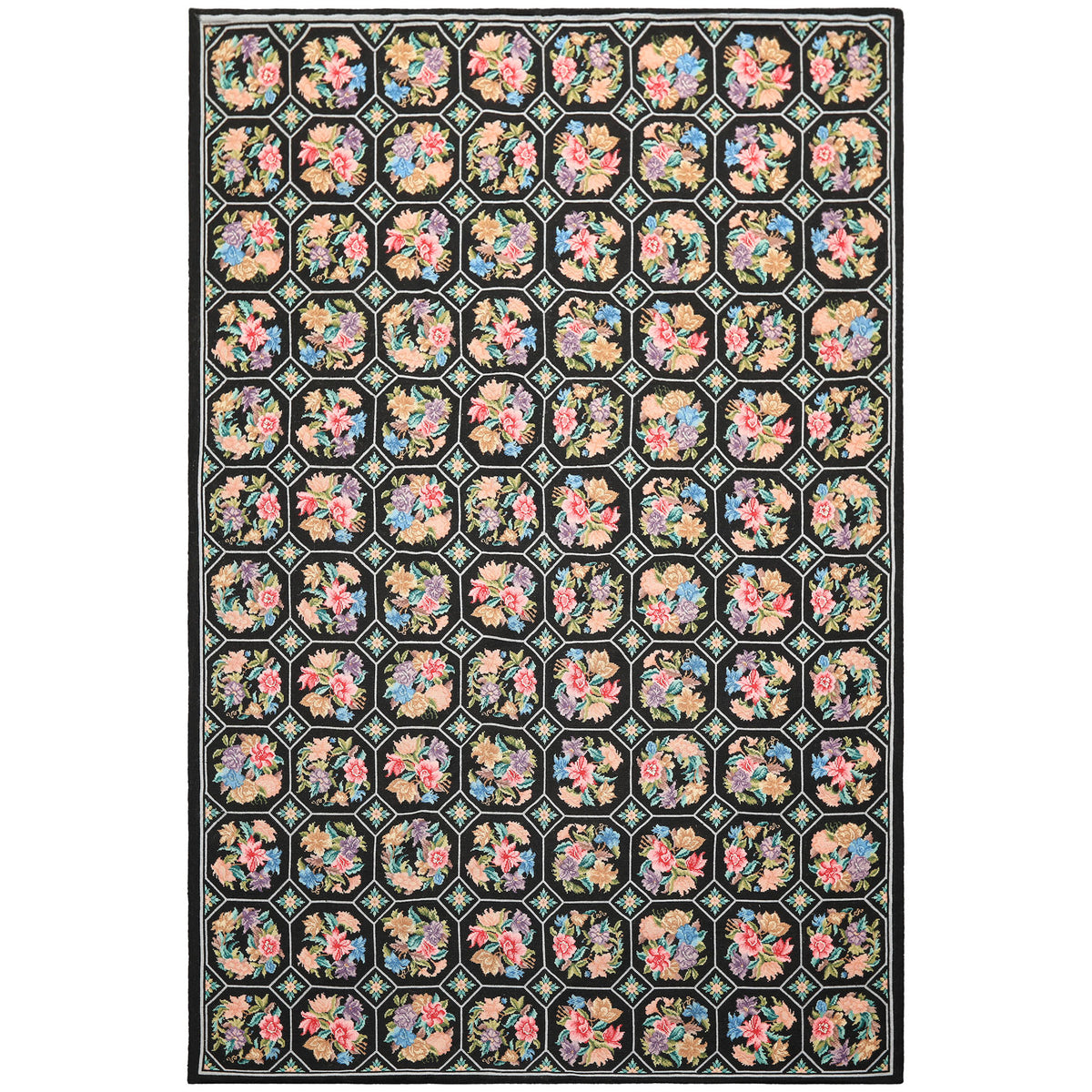 5x8 Black, Pink, Blue Color Hand Woven French Savonerrie Needlepoint Wool Traditional Oriental Rug