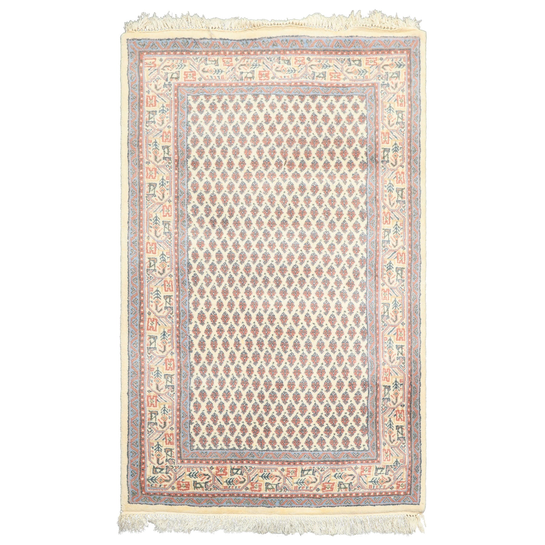 3x5 Ivory, Rose, Blue Color Hand Knotted Boteh Wool Traditional Oriental Rug