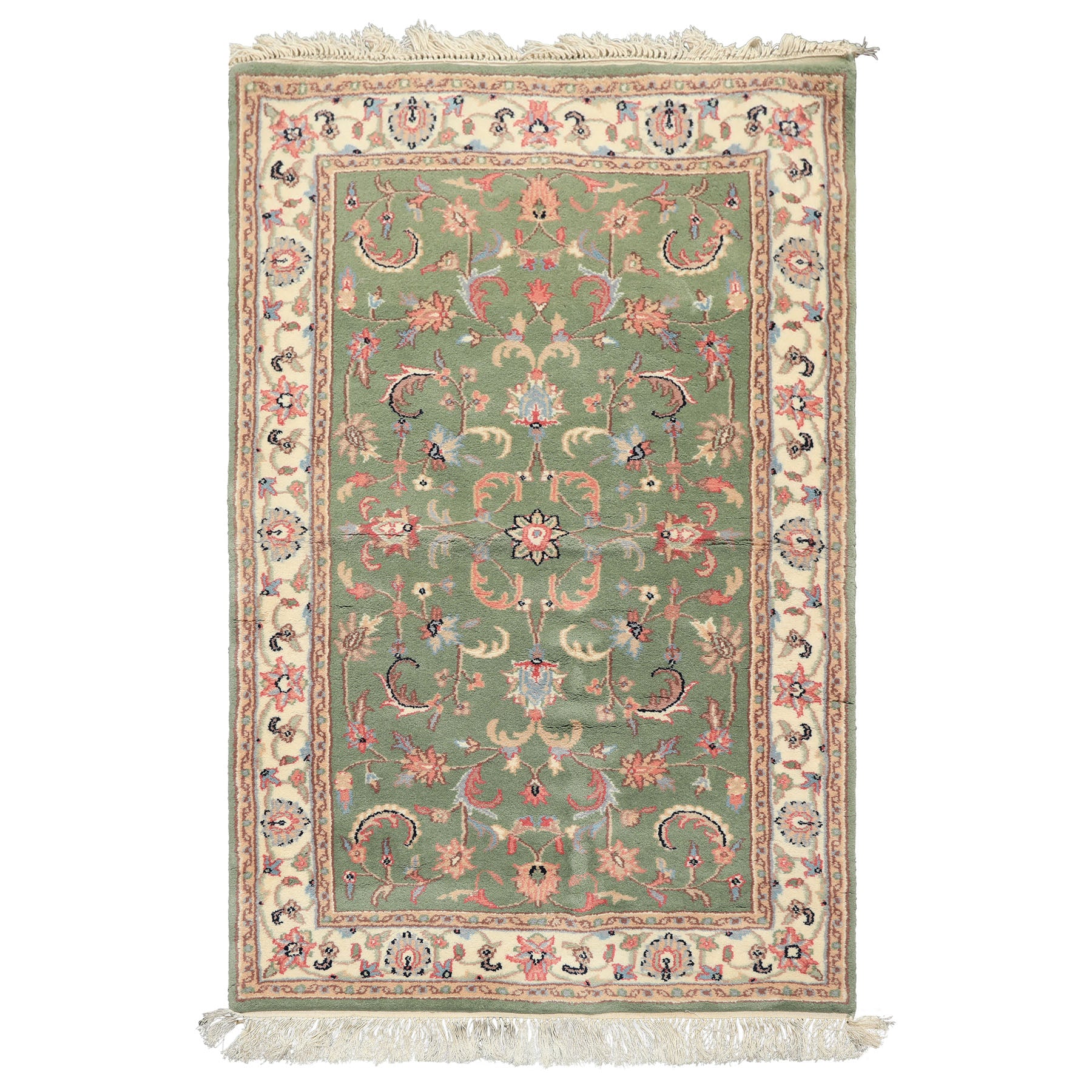 3x5 Sage, Ivory, Rose Color Hand Knotted Indo Kashan Wool Traditional Oriental Rug